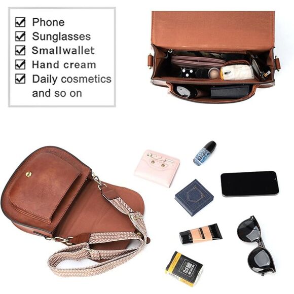 Women Brown Guitar Strap Imported Vegan Leather Small Saddle Cross Body Handbag - Picture 4 of 4